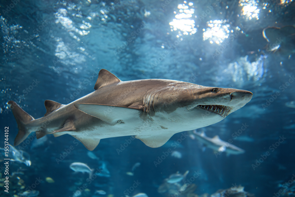 Naklejka premium a shark with its mouth open swimming in a tank