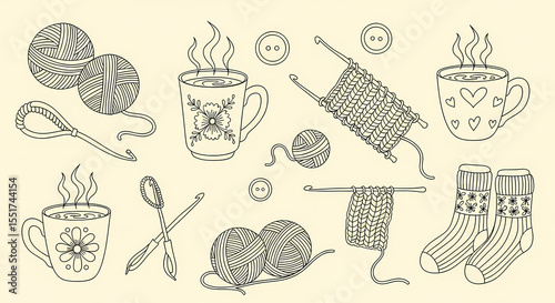 Set of hand drawn whimsical illustrations of knitting supplies and hot beverages. Doodle drawings of yarn balls, steaming mugs, crochet hooks, buttons, and cozy socks. Cottagecore line art in soft