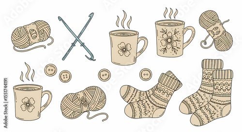 Set of hand drawn whimsical illustrations of knitting supplies and hot beverages. Doodle drawings of yarn balls, steaming mugs, crochet hooks, buttons, and cozy socks. Cottagecore line art in soft