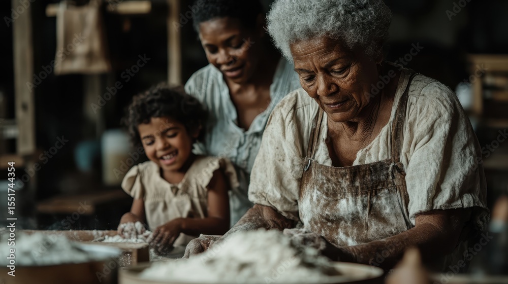 Fototapeta premium A tender moment as a grandmother, mother, and daughter joyfully bake together in their rustic kitchen, surrounded by flour and love, symbolizing family connections through generations.