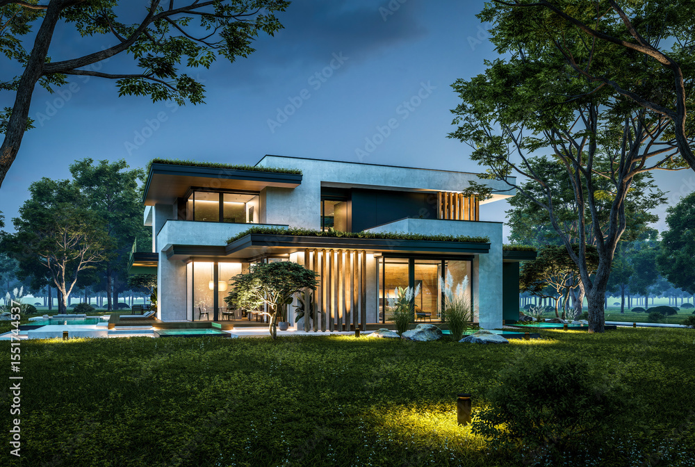 Fototapeta premium 3d rendering of two-story house with parking and pool for sale or rent with concrete facade and beautiful landscaping. Clear summer night with many stars on the sky