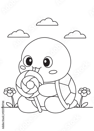 Coloring book turtle happily enjoying a swirl lollipop
