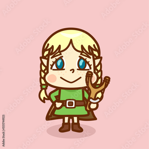 手にパチンコを持つ幼いエルフの女の子のイラスト／
Illustration of a little elf girl holding a slingshot