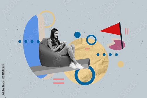 Poster graphics collage of people sit chair write copybook direct flags on grey color background