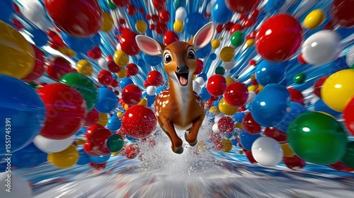 Playful Fawn Running Through Vibrant Colorful Sphere Tunnel