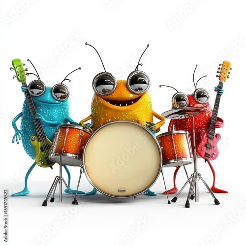 Playful Insect Band Colorful Cartoon Creatures Performing Music on White Background