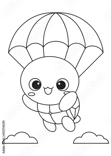 Coloring book turtle joyfully floating through the sky with an open parachute 
