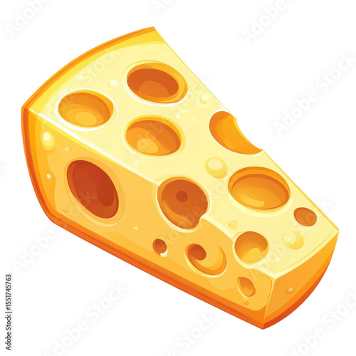 Delightful cartoon cheese wedge with holes, featuring a glossy finish and vibrant yellow color, perfect for food illustrations and culinary designs