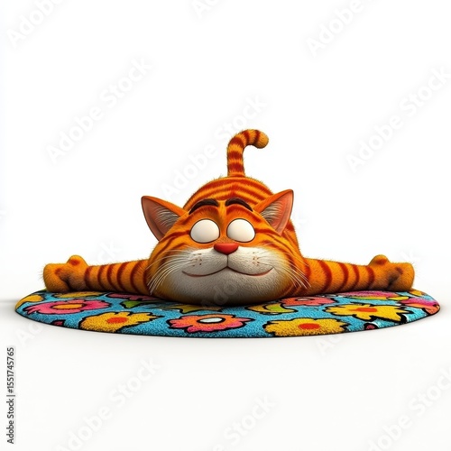 Playful Orange Cartoon Cat Relaxing on Colorful Rug