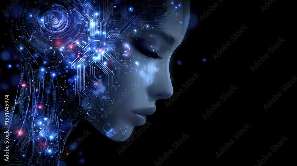 Obraz premium A futuristic male humanoid robot equipped with stock represents the concept of superior cognitive abilities or a mastermind