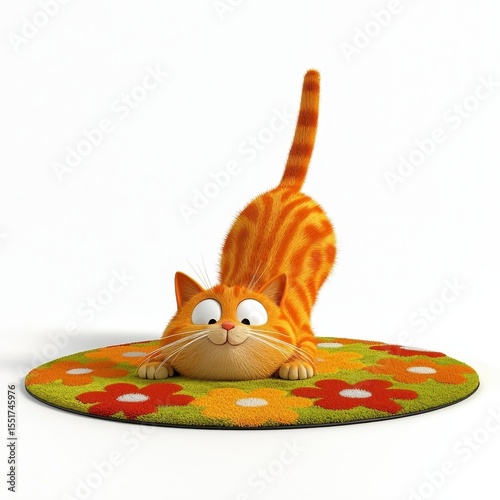 Playful Orange Tabby Cat Stretching on Floral Rug