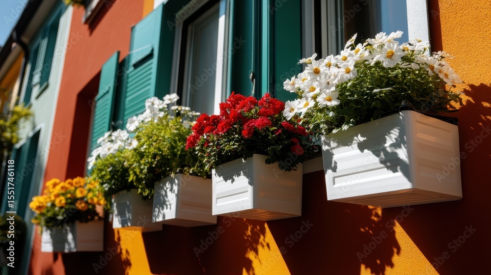 Fototapeta premium Brightly colored flower pots filled with blooming flowers hang from a vibrantly painted wall, adding charm and beauty to the outdoor space, showcasing the joy of nature.