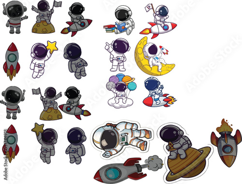Kawaii Astronaut Character Flying with Jetpack - Minimalist Line Art of Astronaut in Space Suit - Funny Astronaut Eating Pizza in Space – Cute Character Design - Astronaut Holding Balloon Planets