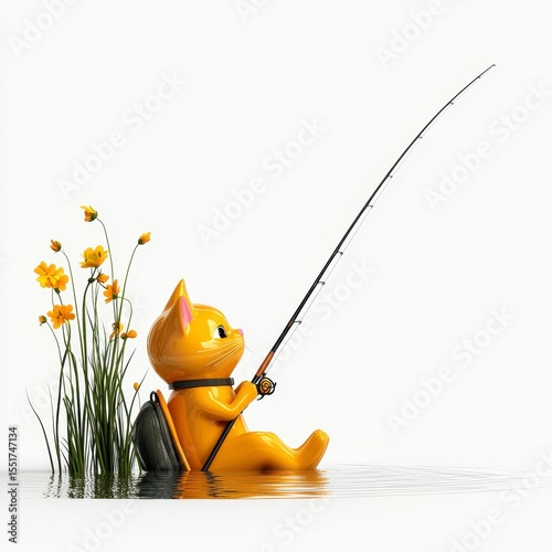 Playful Yellow Cat Fishing by Water with Flowers