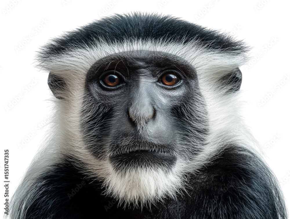 Fototapeta premium A close-up shot of a captivating colobus monkey. the black and white fur. His eyes look straight to the viewer.