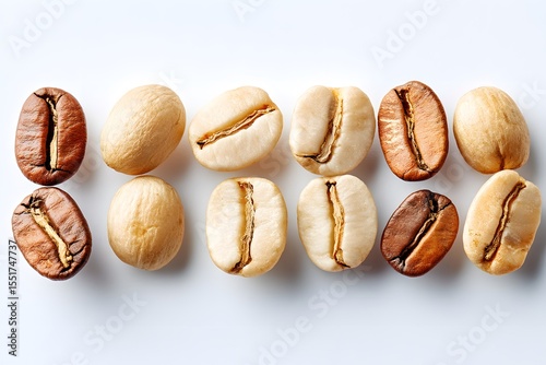 Description: A linear arrangement of unroasted green coffee beans, showcasing their raw state and subtle color variations, symbolizing the origin of coffee, natural ingredients, and purity.