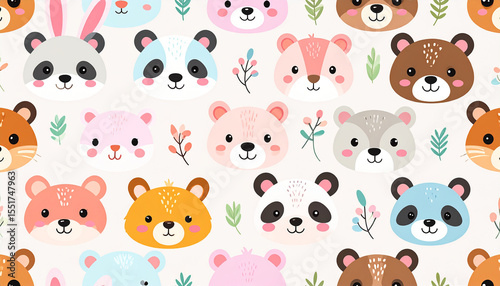 Seamless pattern of cute cartoon animal faces
