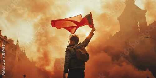 Revolutionary Protest Scene with Smoke and Flag
