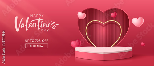 Realistic red 3D cylindrical podium with heart shaped background for valentine's day banner. Valentine's day minimal scene for products showcase, Promotional display. Vector room platforms.