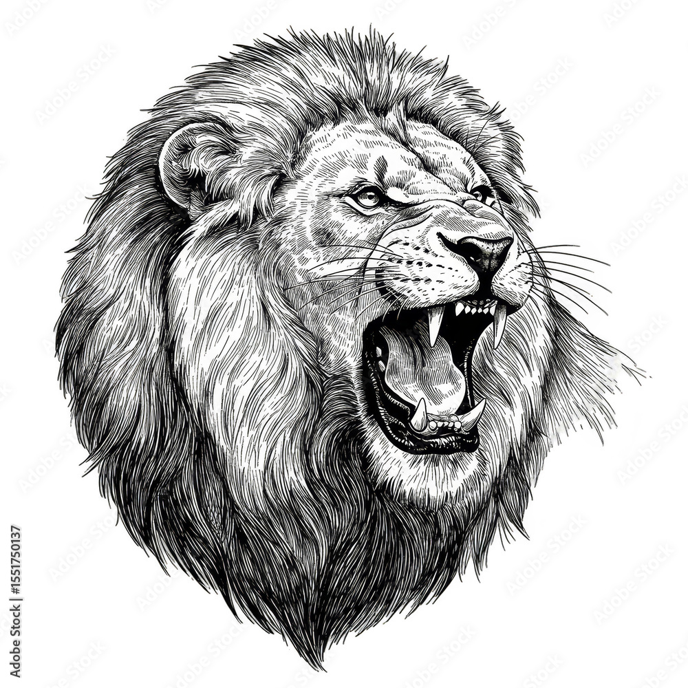 custom made wallpaper toronto digitalIllustration Roaring Lion Portrait with Black and White Isolated Design