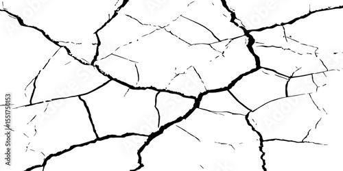 A high-contrast black and white texture depicting dry, cracked earth. The fragmented surface forms an organic mosaic of irregular shapes, with sharp, dark lines outlining each segment.