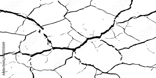 A high-contrast black and white texture depicting dry, cracked earth. The fragmented surface forms an organic mosaic of irregular shapes, with sharp, dark lines outlining each segment.