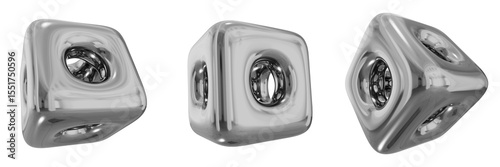 3D Chrome Metallic Abstract Shape Objects, 3d rendering steel gradient shape design element, futuristic, shiny design