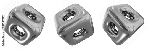 3D Chrome Metallic Abstract Shape Objects, 3d rendering steel gradient shape design element, futuristic, shiny design