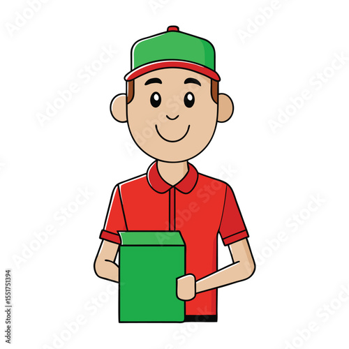 Cartoon Delivery Man Holding a Green Package Wearing a Red Shirt