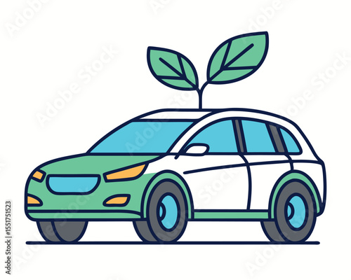 Illustration of an eco friendly car with leaves growing from the roof