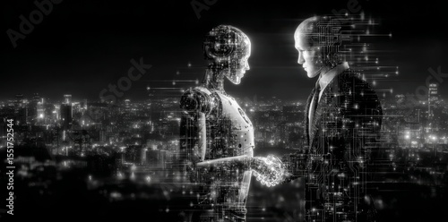 In a generative stock picture, a human and robot are depicted shaking hands to signify cooperation