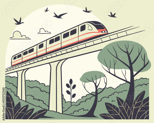 Modern Elevated Train Illustration with Nature and Birds in a Minimalist Style