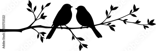 Silhouette of two birds perched on a branch with sprouting leaves art vector illustration
