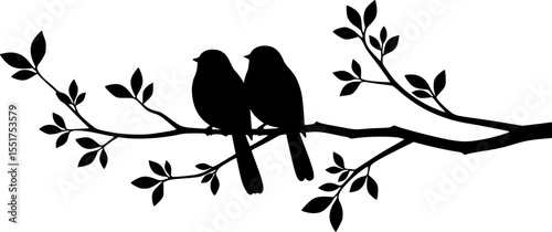 Silhouette of two birds perched on a branch with sprouting leaves art vector illustration
