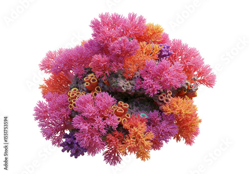 Isolated 3D Rendering of Colorful Coral Reef on Transparent Background