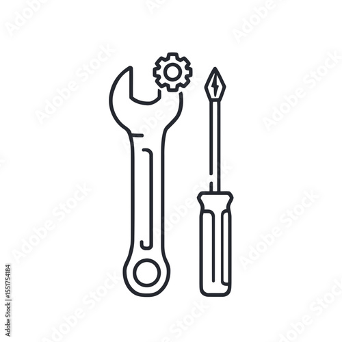 A gleaming set of isolated kitchen cutlery and work tools, including a fork, knife, spoon, and wrench on a white background