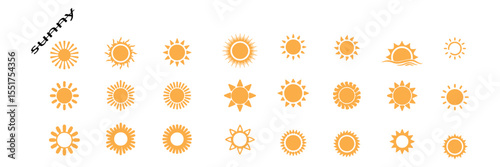 Doodle different sun icons set. Scribble yellow sun with rays symbols.