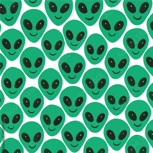 A decorative pattern of smiling, cartoonish green alien heads populates a clean white background. Vector Patterns