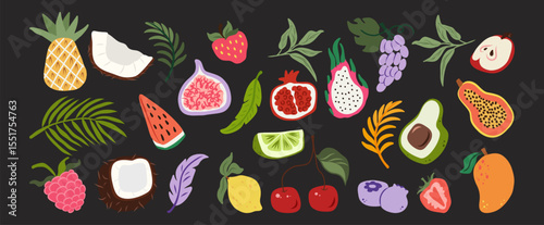 Hand-drawn flat tropical fruit vector set with mango, coconut, avocado, cherry, pineapple, lemon, fig, raspberry, strawberry, papaya, pear, lime, dragon fruit, grape, juicy, fresh, colorful design.
