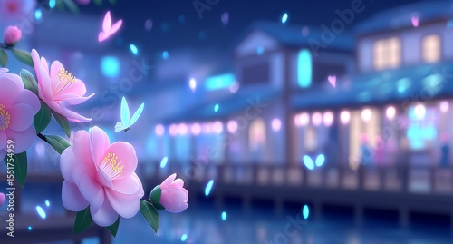 Soft rain drops glisten as they bring rejuvenation to the spring landscape, accompanied by golden fireflies that glow in the gentle atmosphere of April showers