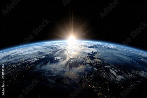 a view of the earth from space with the sun rising