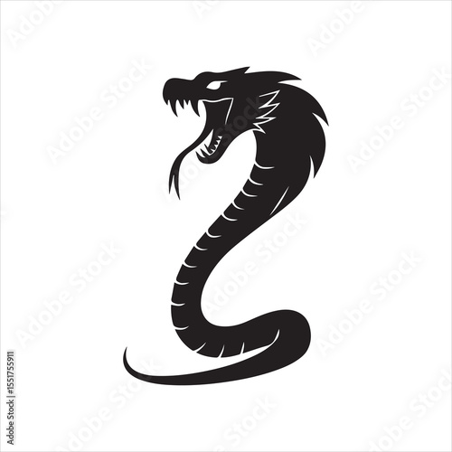 Cobra Snake Silhouette Vector Design,Aggressive Snake Illustration in Black,Coiled Snake with Open Mouth Vector,Dangerous Cobra Snake Art for Tattoo,Wild Snake Logo Design in Flat Style