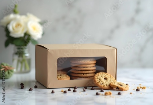 Delicious Cookies in a Beige Cardboard Box. A beige cardboard box, featuring a clear window, displays a stack of appetizing cookies.