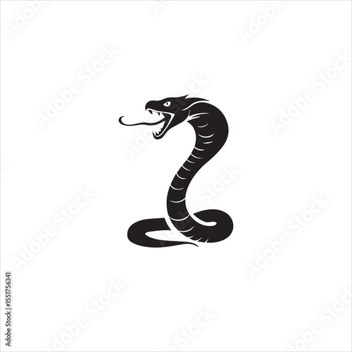 Cobra Snake Silhouette Vector Design,Aggressive Snake Illustration in Black,Coiled Snake with Open Mouth Vector,Dangerous Cobra Snake Art for Tattoo,Wild Snake Logo Design in Flat Style