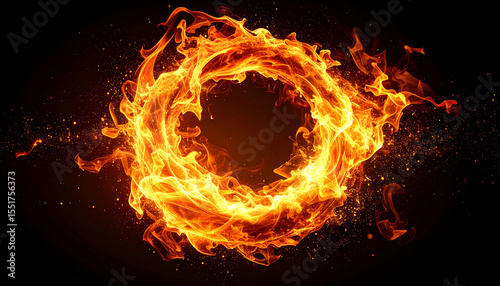 渦を巻くように燃え上がる中央炎と火の粉 – Swirling Central Flame with Flying Sparks on a Dark Background