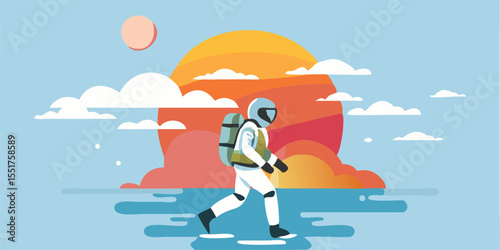 Astronaut exploring a new planet at sunset.