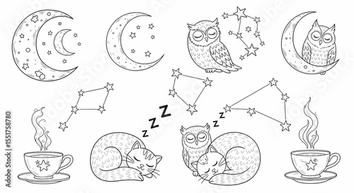 Set of hand drawn whimsical illustrations of celestial bodies and sleepy creatures. Doodle drawings of crescent moons, stars, owls, dreaming cats, and teacups steaming constellations. 