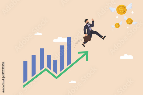 Businessman Leaping on Upward Graph Towards Flying Gold Coins