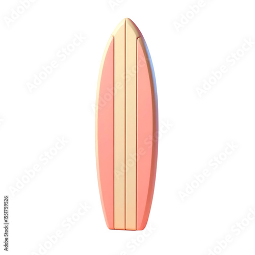 A minimalistic 3d illustration of a pink surfboard with yellow stripes on a transparent background. Generative AI