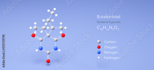 butabarbital molecule, molecular structure, sedative hypnotic 3d model, Structural Chemical Formula and Atoms with Color Coding